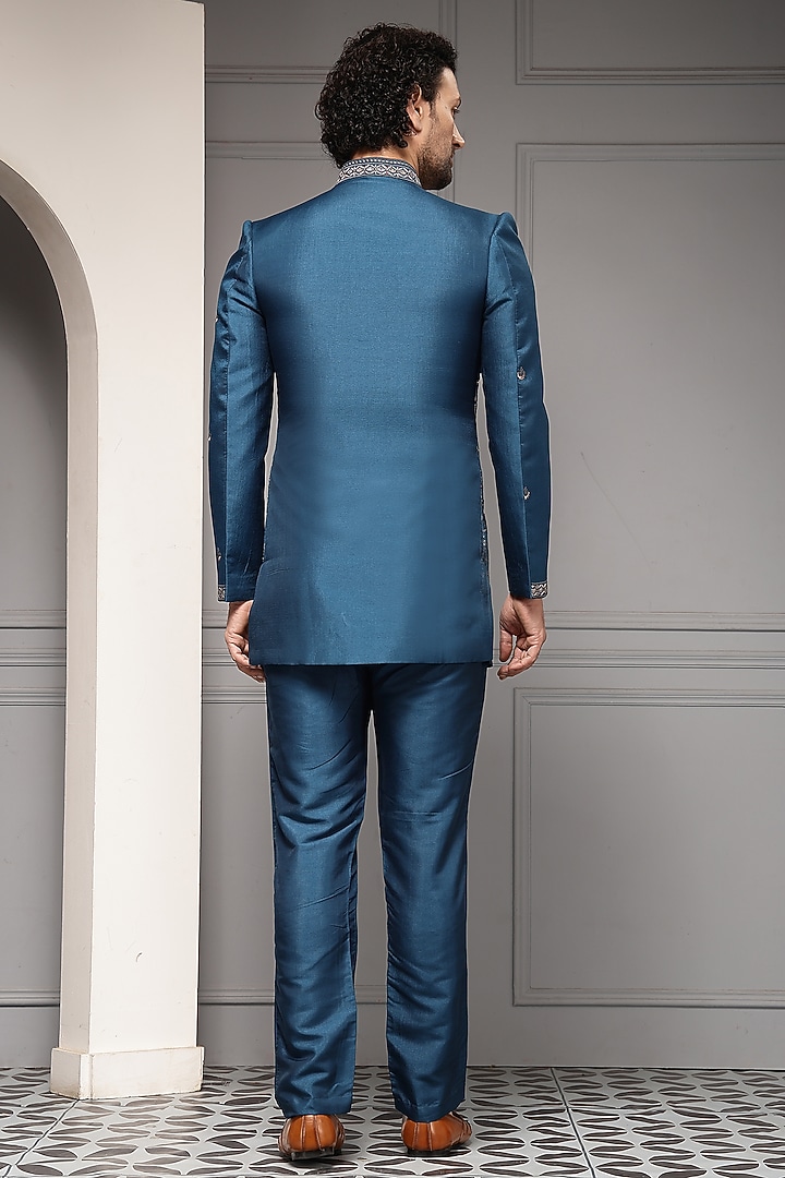 Teal Blue Premium Suiting Motif Embroidered Wedding Bandhgala Set by Soniya G Men at Pernia's Pop Up Shop