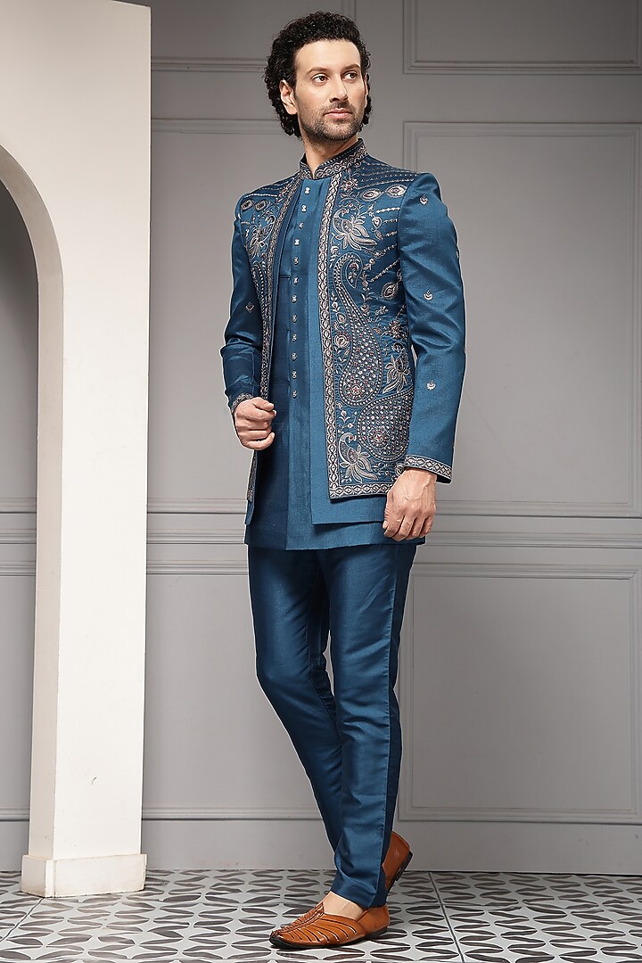 Teal Blue Premium Suiting Motif Embroidered Wedding Bandhgala Set by Soniya G Men at Pernia's Pop Up Shop
