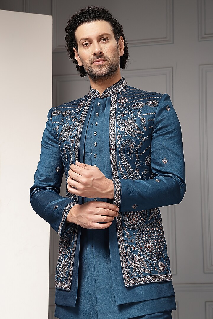 Teal Blue Premium Suiting Motif Embroidered Wedding Bandhgala Set by Soniya G Men at Pernia's Pop Up Shop
