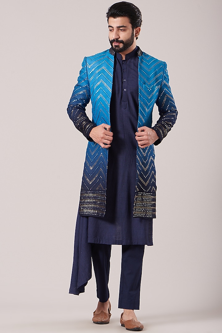 Midnight Blue Kurta Set With Jacket by Soniya G Men at Pernia's Pop Up Shop