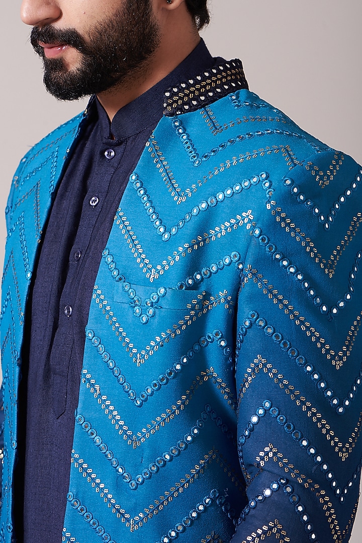 Midnight Blue Kurta Set With Jacket by Soniya G Men at Pernia's Pop Up Shop