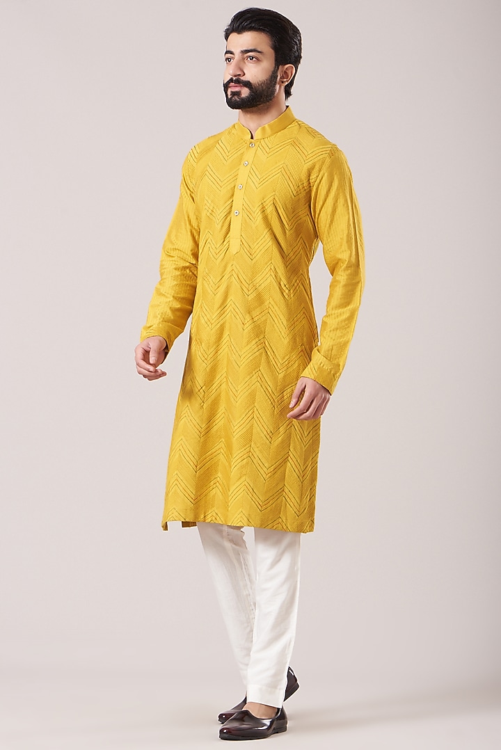 Bright Yellow Silk Pintuck Kurta Set by Soniya G Men at Pernia's Pop Up Shop