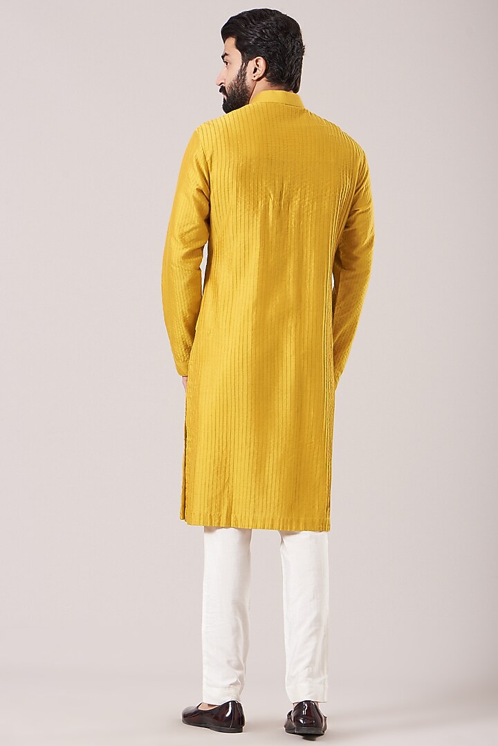 Bright Yellow Silk Pintuck Kurta Set by Soniya G Men at Pernia's Pop Up Shop