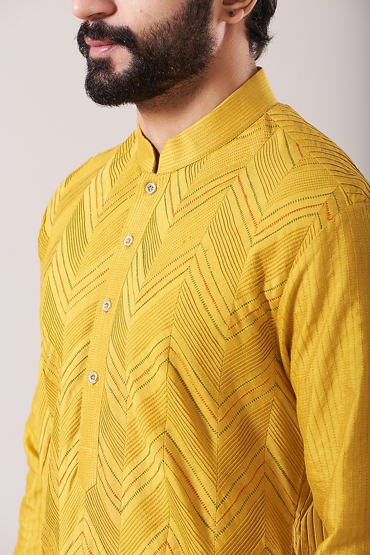 Bright Yellow Silk Pintuck Kurta Set by Soniya G Men at Pernia's Pop Up Shop