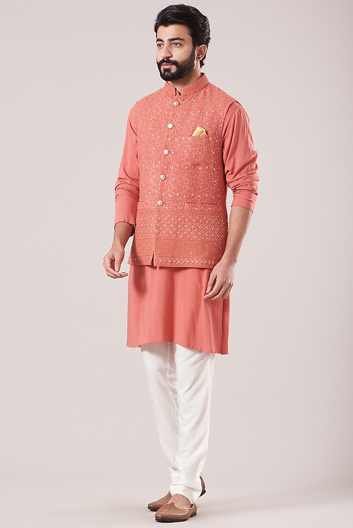 Pink Lucknowi Jacket With Kurta Set by Soniya G Men