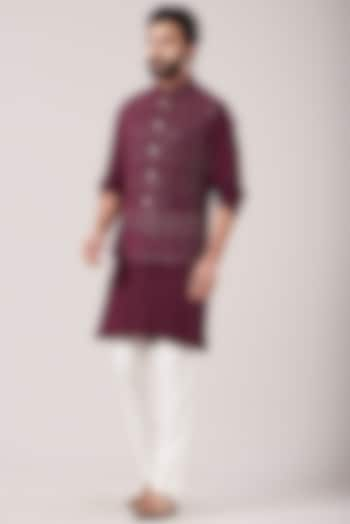 Wine Lucknowi Bundi Jacket Set by Soniya G Men