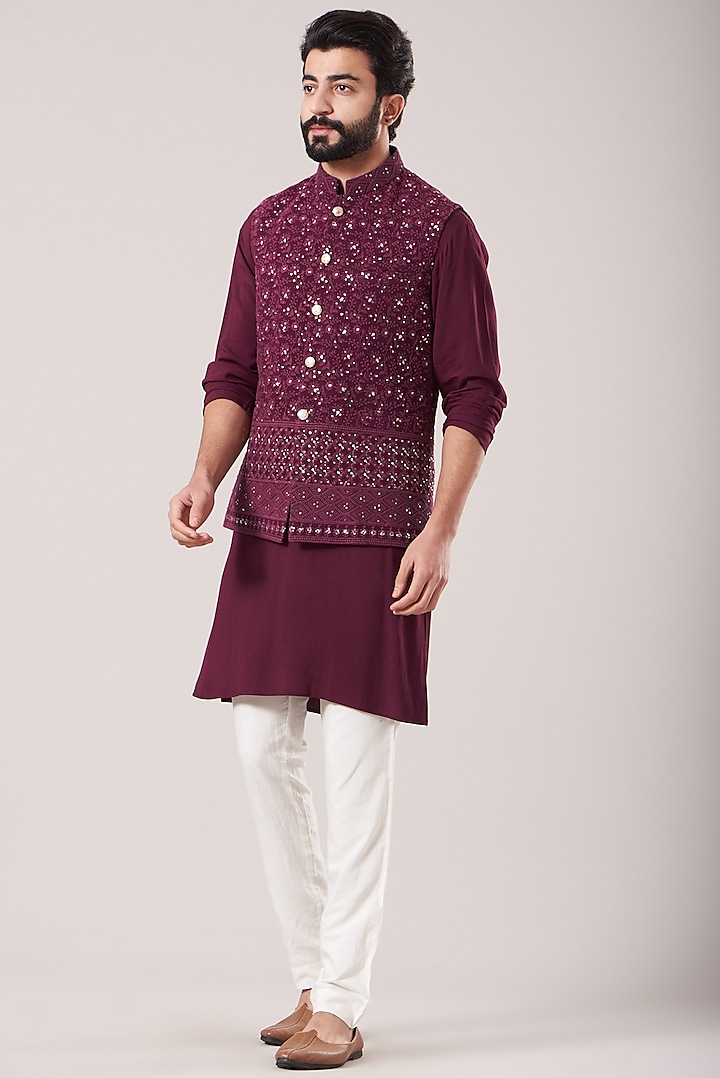 Wine Lucknowi Bundi Jacket Set by Soniya G Men