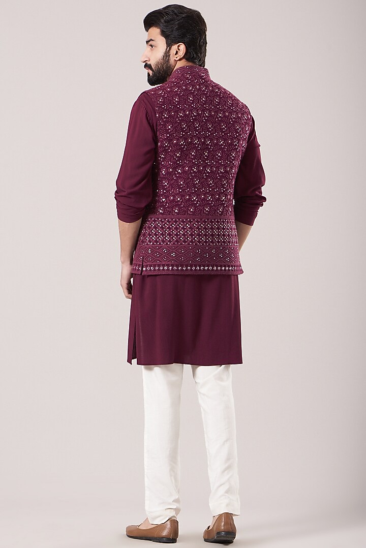 Wine Lucknowi Bundi Jacket Set by Soniya G Men at Pernia's Pop Up Shop