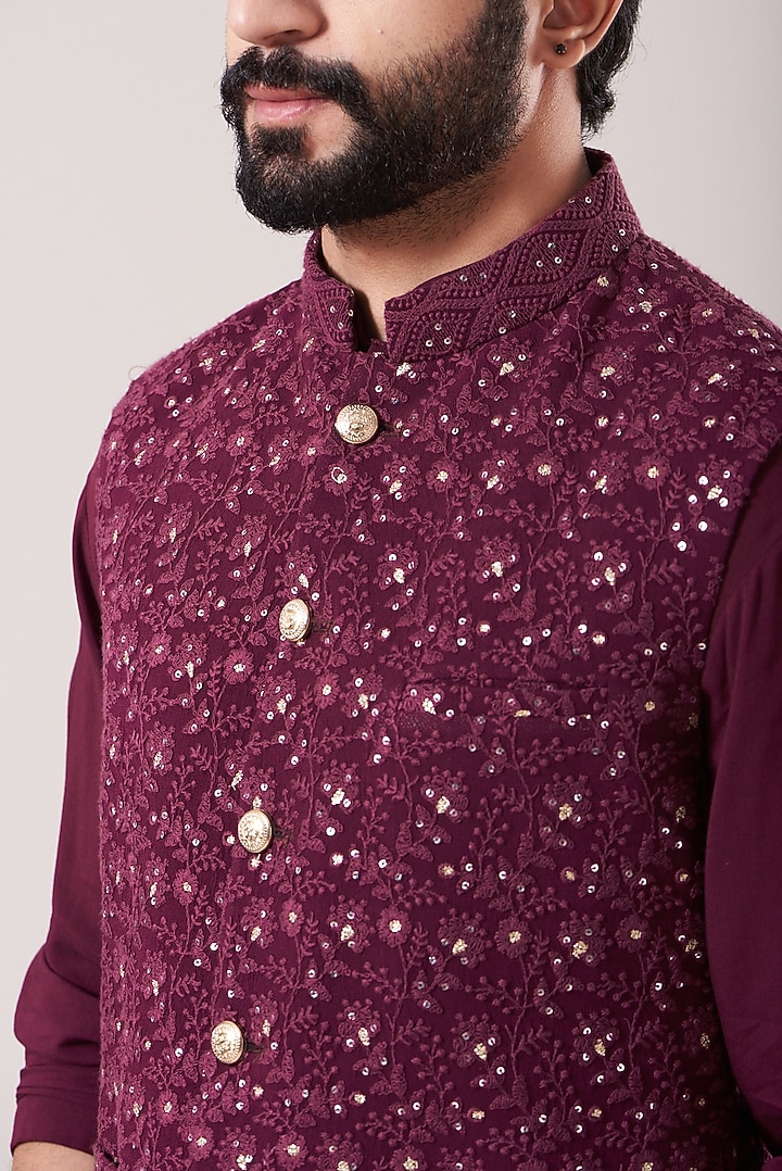 Wine Lucknowi Bundi Jacket Set by Soniya G Men at Pernia's Pop Up Shop
