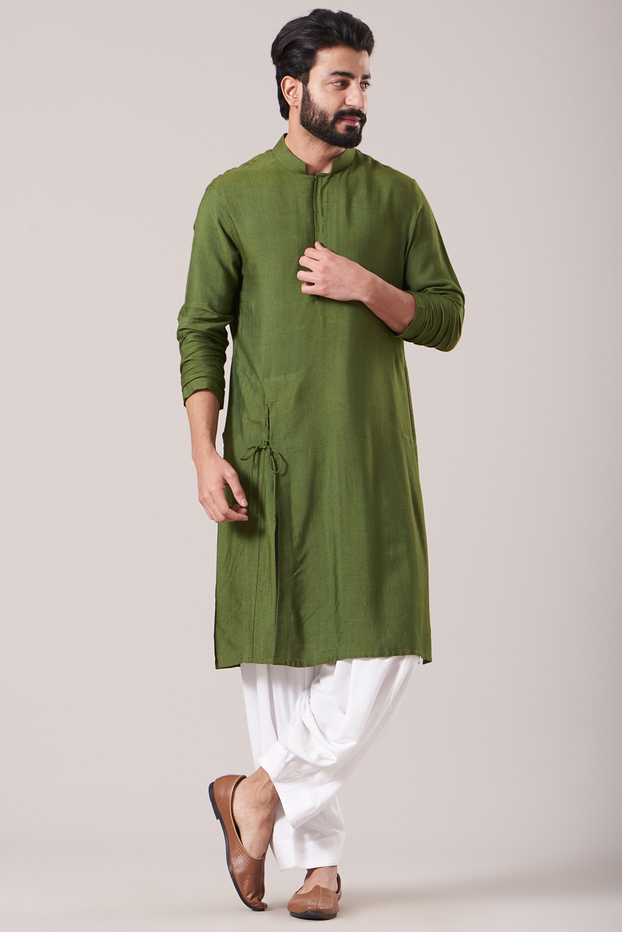 Mehendi Green Color Sangeet Wear Pretty Dhoti Style Kurta Pyjama For Men In  Cotton Silk Fabric