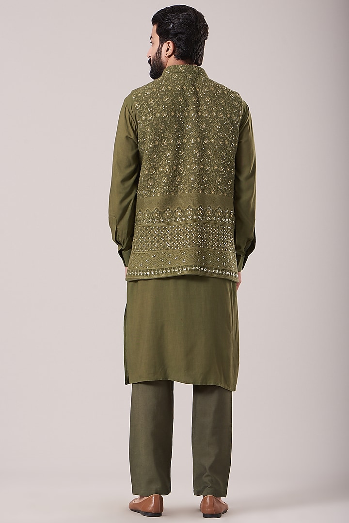 Mehendi Green Lucknowi Bundi Jacket Set by Soniya G Men at Pernia's Pop Up Shop