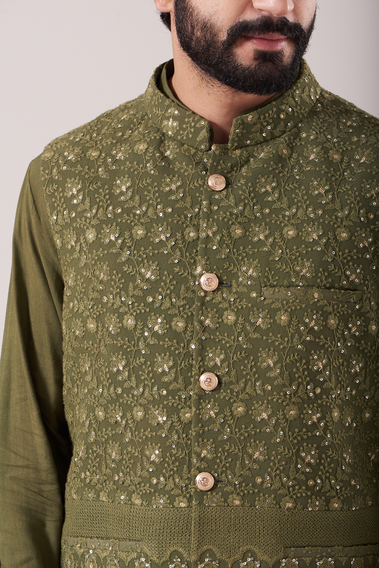 Men's Mehndi Green Embellished Jacket with Black Kurta Pant Set -  Absolutely Desi