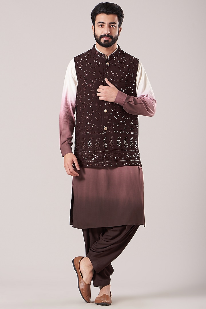 Wine Lucknowi Bundi Jacket Set by Soniya G Men