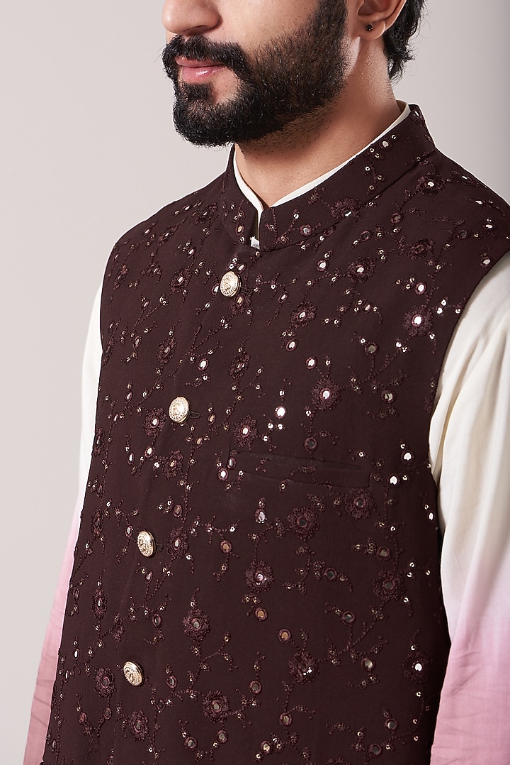 Wine Lucknowi Bundi Jacket Set by Soniya G Men at Pernia's Pop Up Shop