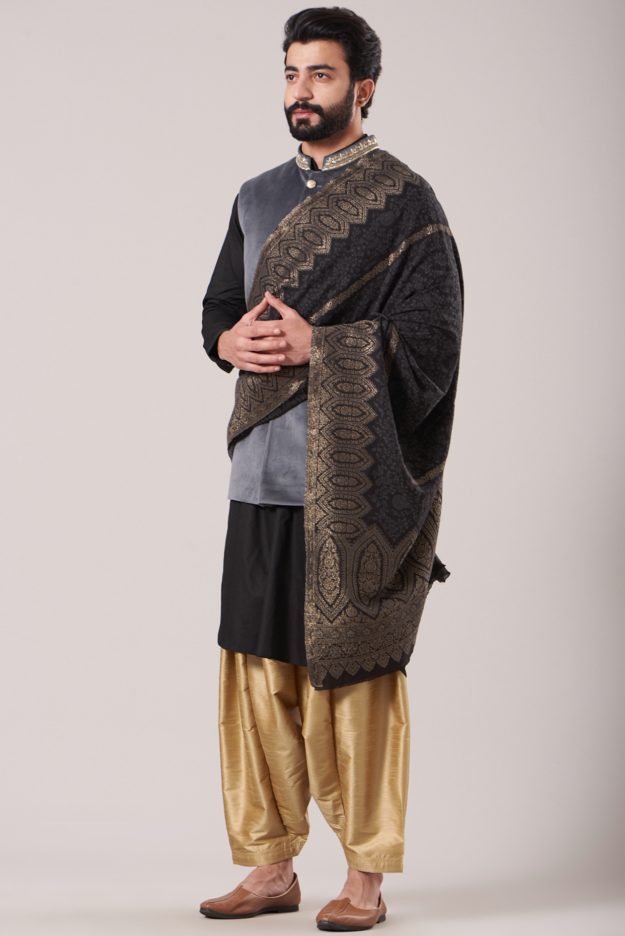 Steel Grey Velvet Bundi Jacket With Kurta Set & Shawl by Soniya G Men