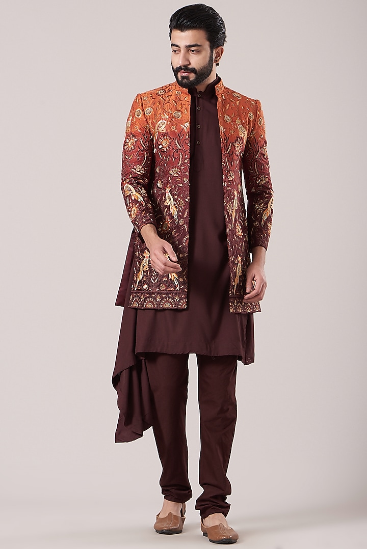 Brown Raw Silk Bandhgala Jacket Set by Soniya G Men