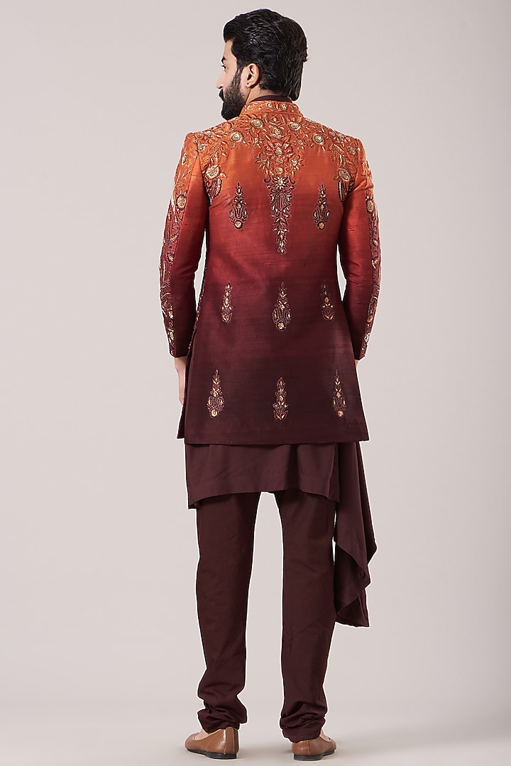 Rust Brown Ombre Raw Silk Zardosi Embroidered Indo-Western Set by Soniya G Men at Pernia's Pop Up Shop
