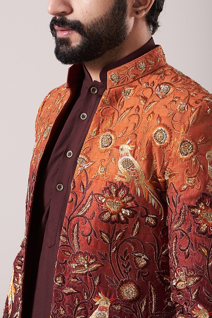 Rust Brown Ombre Raw Silk Zardosi Embroidered Indo-Western Set by Soniya G Men at Pernia's Pop Up Shop