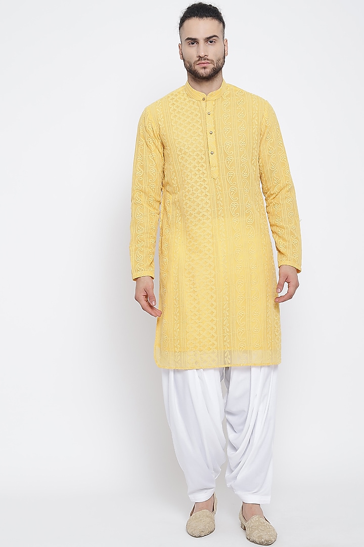 Yellow Lucknowi Kurta Set by Soniya G Men at Pernia's Pop Up Shop