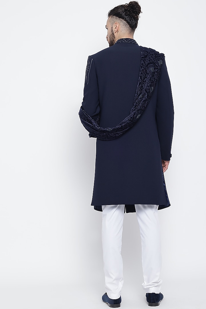 Navy Blue Wedding Indowestern Jacket Set With Shawl by Soniya G Men at Pernia's Pop Up Shop
