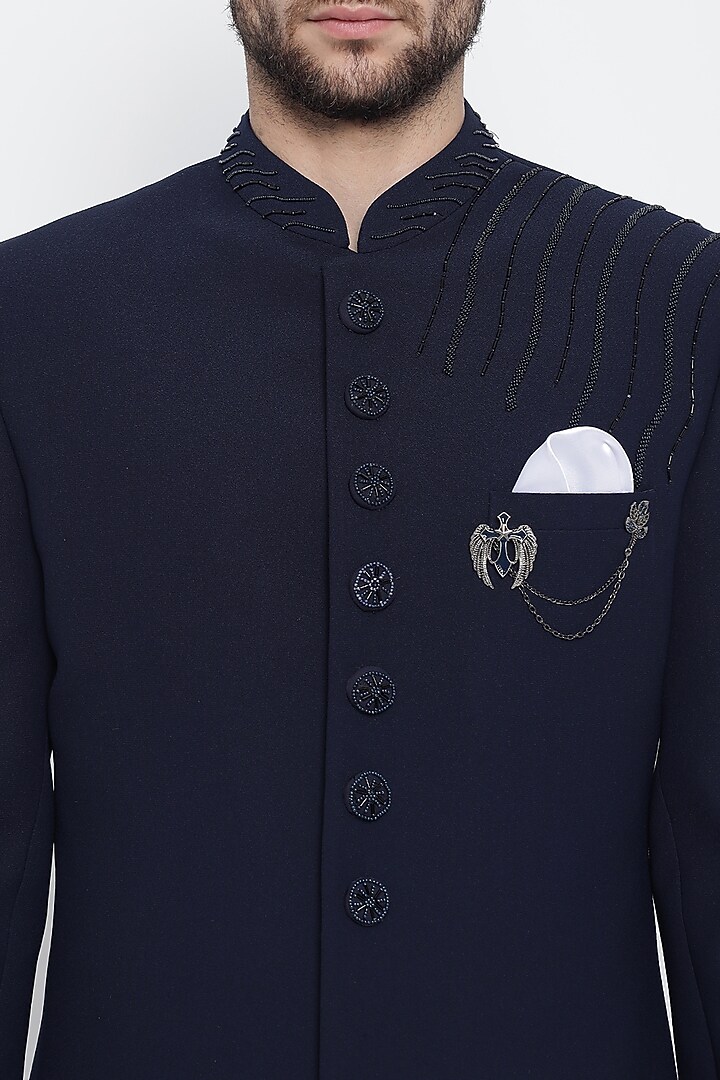 Navy Blue Wedding Indowestern Jacket Set With Shawl by Soniya G Men at Pernia's Pop Up Shop