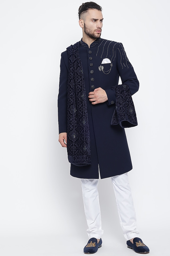 Navy Blue Wedding Indowestern Jacket Set With Shawl by Soniya G Men at Pernia's Pop Up Shop