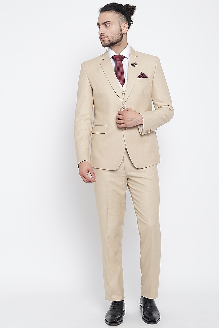 Beige Suit Set With Tie Design by Soniya G Men at Pernia's Pop Up