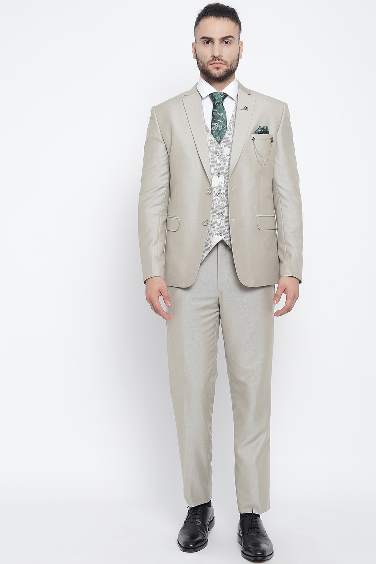 Beige Slim Fit Combination Suit for Men by GentWith.com