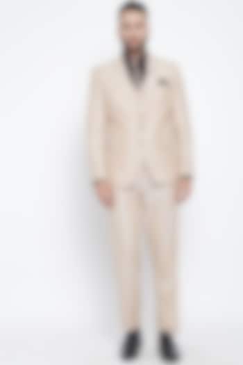Beige Woolen Blend Suit Set With Tie by Soniya G Men