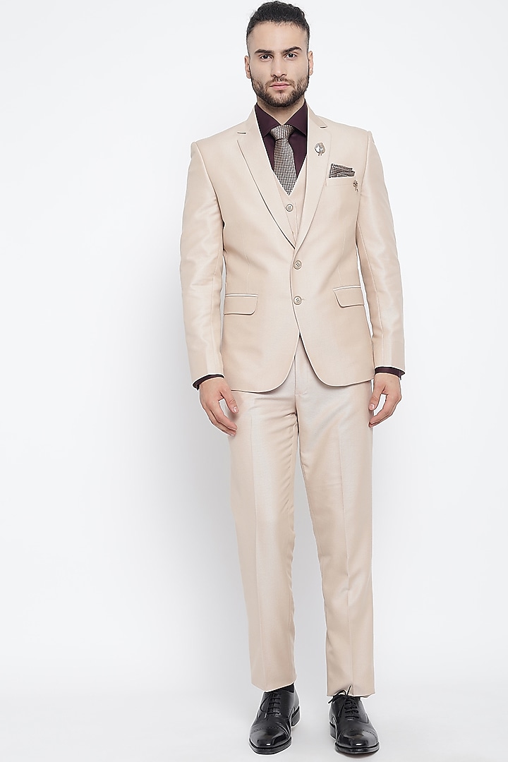 Beige Woolen Blend Suit Set With Tie by Soniya G Men