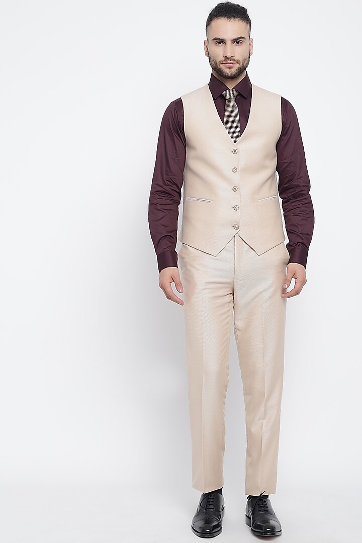 Beige Woolen Blend Suit Set With Tie by Soniya G Men at Pernia's Pop Up Shop