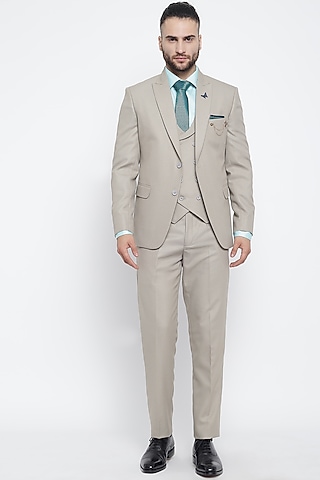 Royal Beige Woolen Suit Set With Tie by Soniya G Men