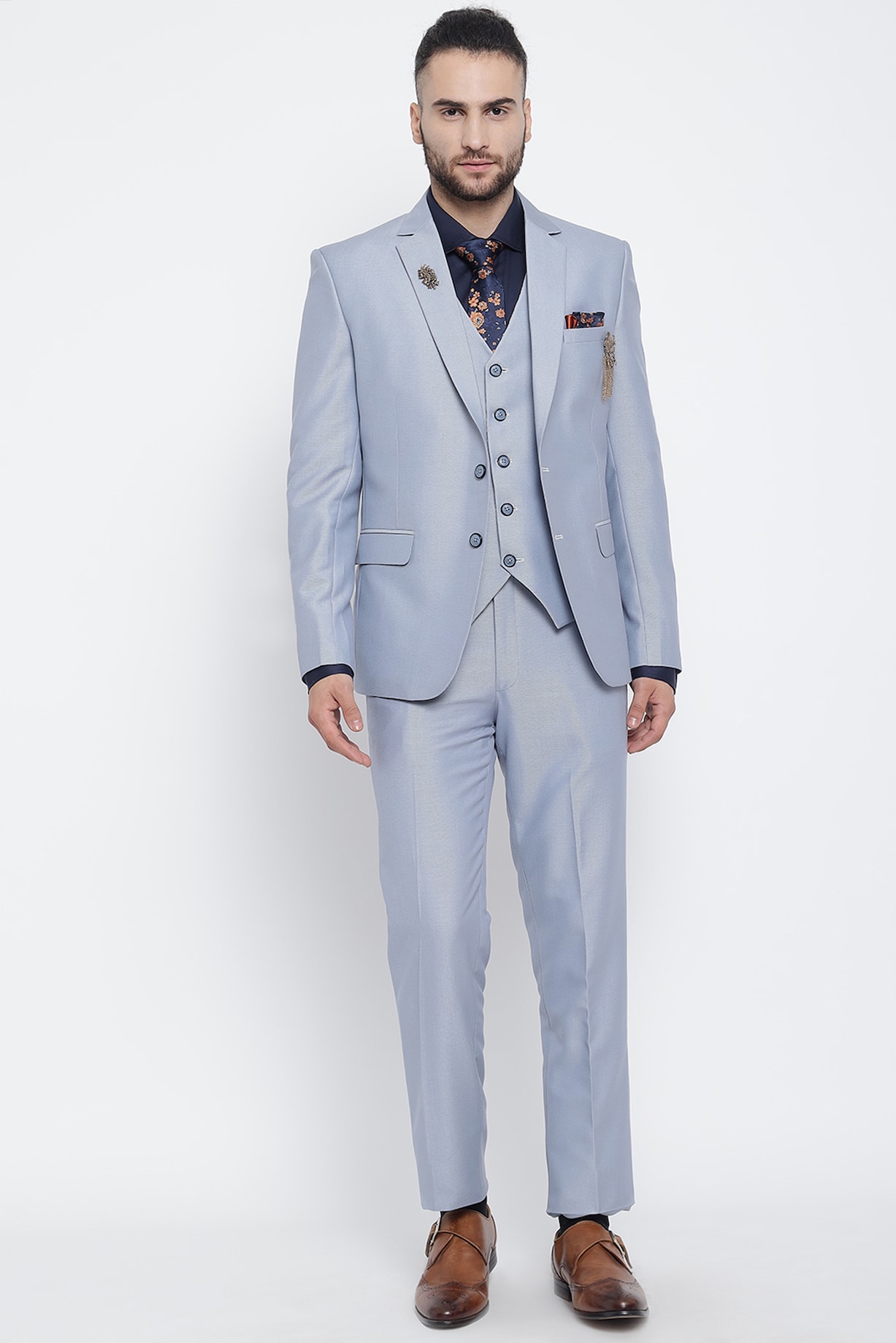 Sky Blue Woolen Blend Suit Set With Tie by Soniya G Men
