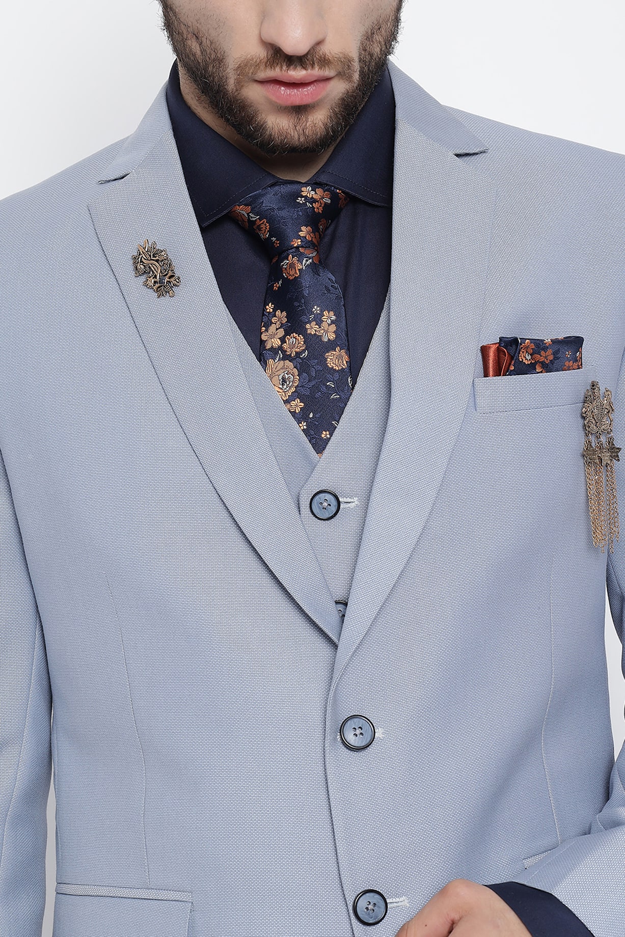 Sky Blue Woolen Blend Suit Set With Tie by Soniya G Men