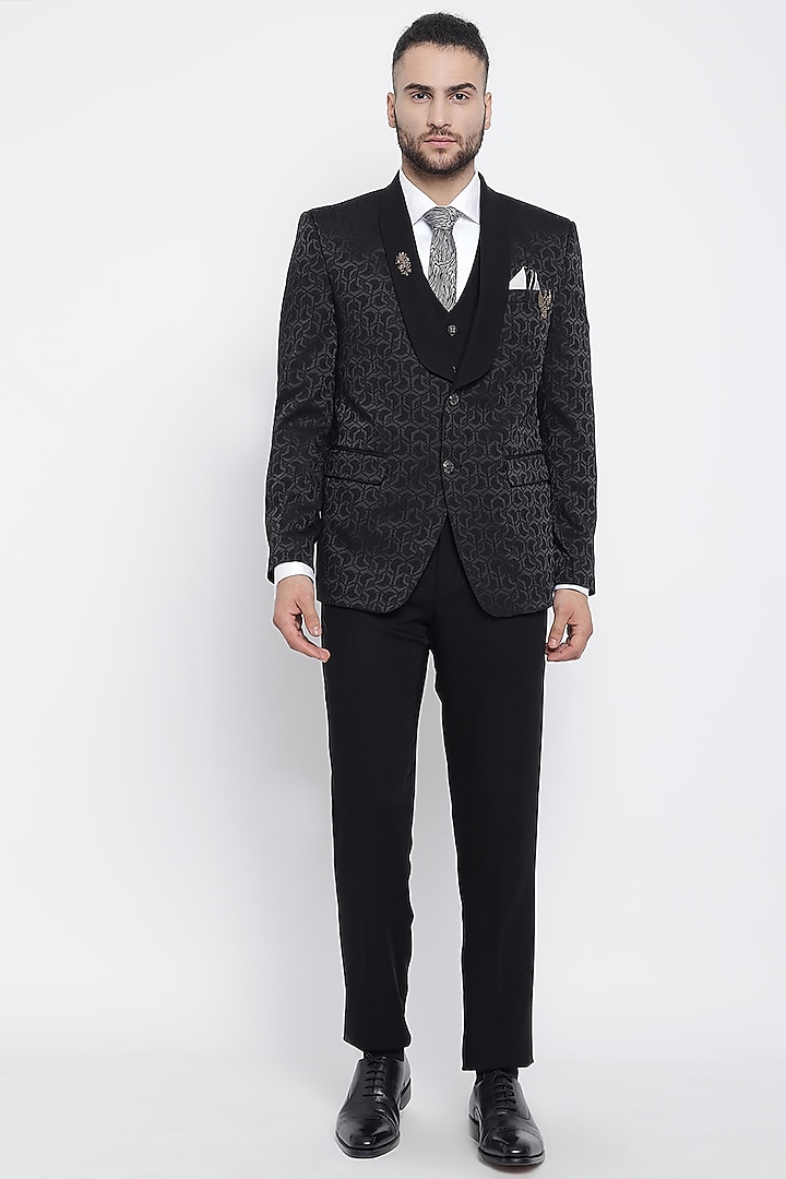Black Jacquard Suit Set With Tie by Soniya G Men