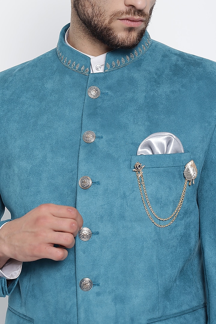 Ferozi Blue Suede Wedding Bandhgala Set by Soniya G Men at Pernia's Pop Up Shop