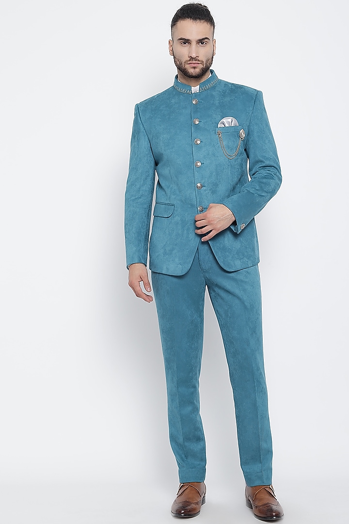 Ferozi Blue Suede Wedding Bandhgala Set by Soniya G Men at Pernia's Pop Up Shop