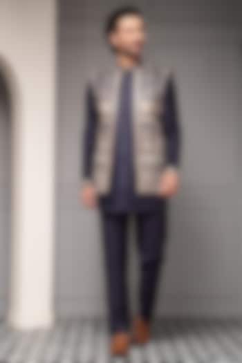 Deep Navy Blue Silk Blend Suiting Embroidered Wedding Bandhgala Set by Soniya G Men at Pernia's Pop Up Shop