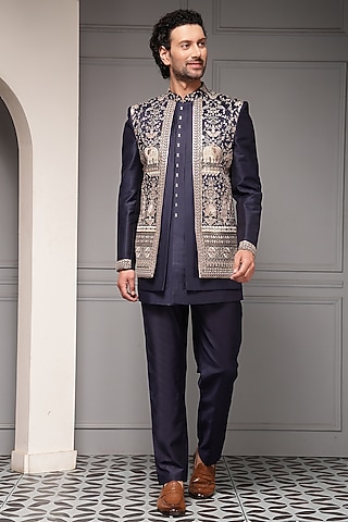 Deep Navy Blue Silk Blend Suiting Embroidered Bandhgala Set by Soniya G Men