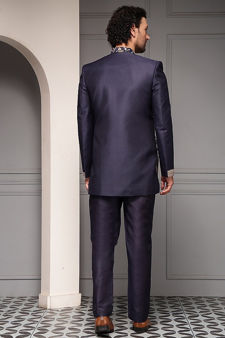 Deep Navy Blue Silk Blend Suiting Embroidered Wedding Bandhgala Set by Soniya G Men at Pernia's Pop Up Shop