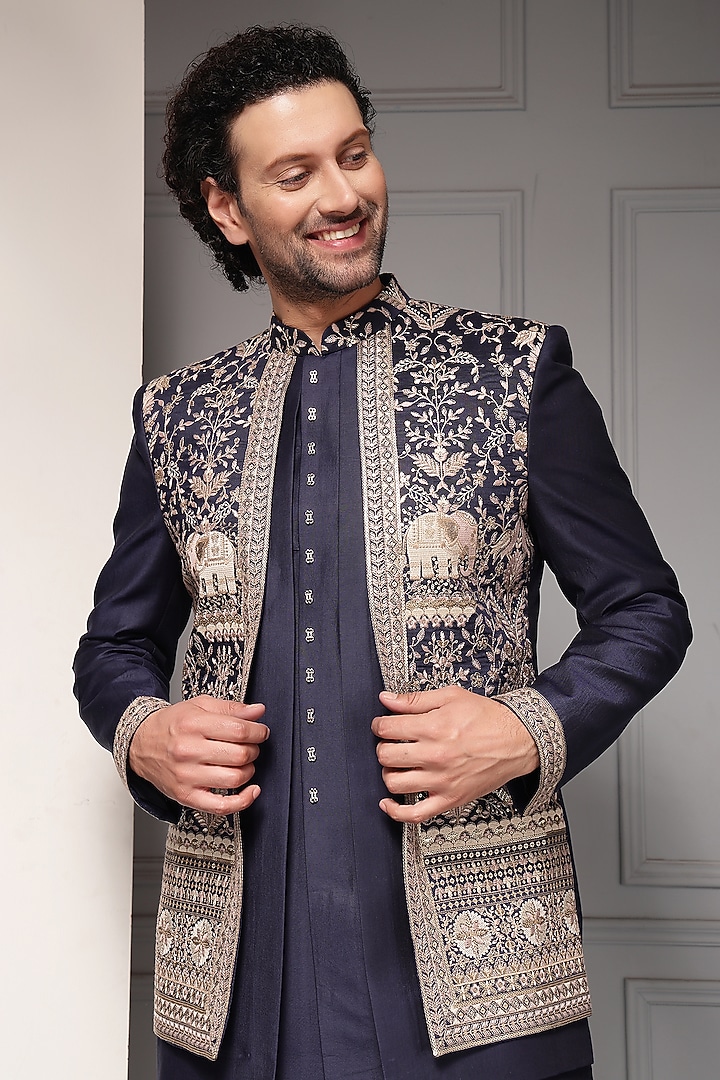 Deep Navy Blue Silk Blend Suiting Embroidered Wedding Bandhgala Set by Soniya G Men at Pernia's Pop Up Shop