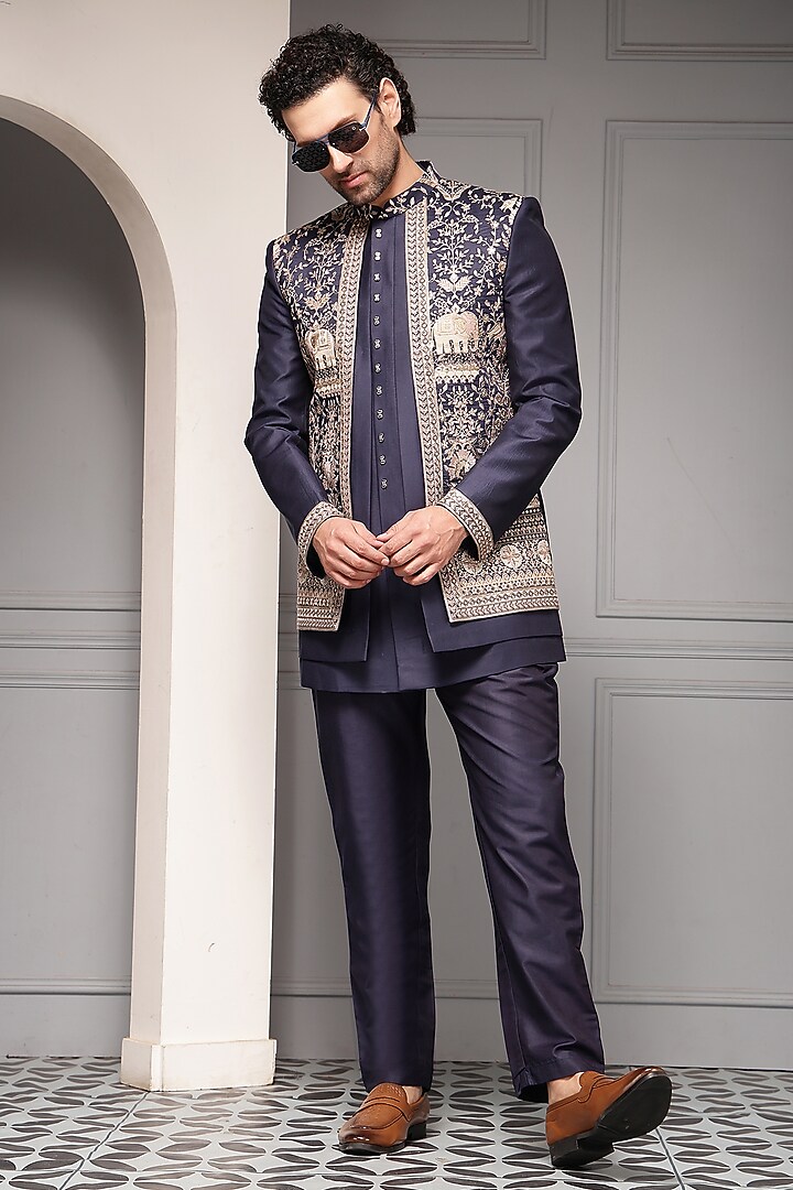 Deep Navy Blue Silk Blend Suiting Embroidered Wedding Bandhgala Set by Soniya G Men at Pernia's Pop Up Shop