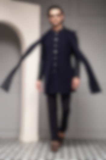 Midnight Blue Suiting Fabric Embroidered Wedding Bandhgala Set by Soniya G Men at Pernia's Pop Up Shop