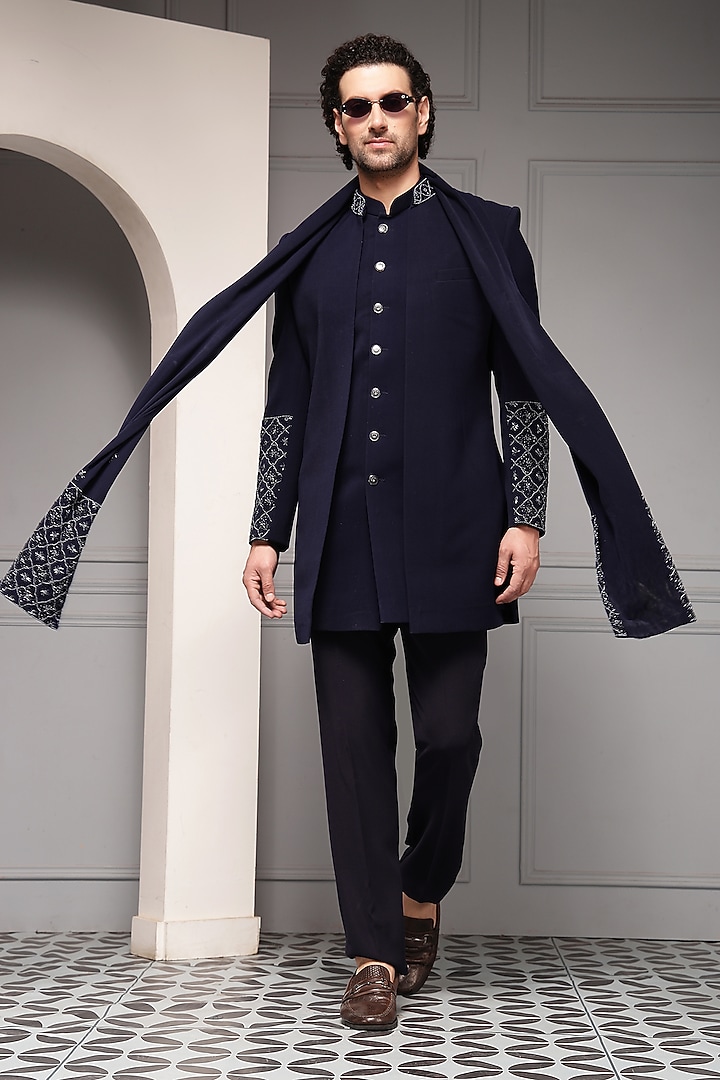 Midnight Blue Suiting Fabric Embroidered Wedding Bandhgala Set by Soniya G Men at Pernia's Pop Up Shop