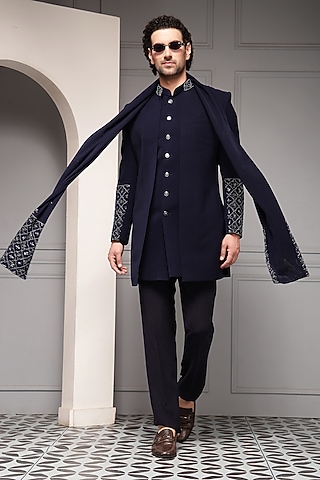 Midnight Blue Suiting Fabric Embroidered Bandhgala Set by Soniya G Men