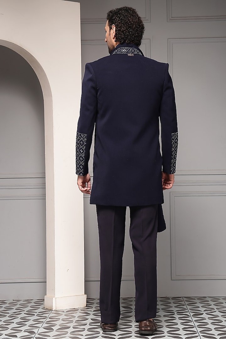 Midnight Blue Suiting Fabric Embroidered Wedding Bandhgala Set by Soniya G Men at Pernia's Pop Up Shop