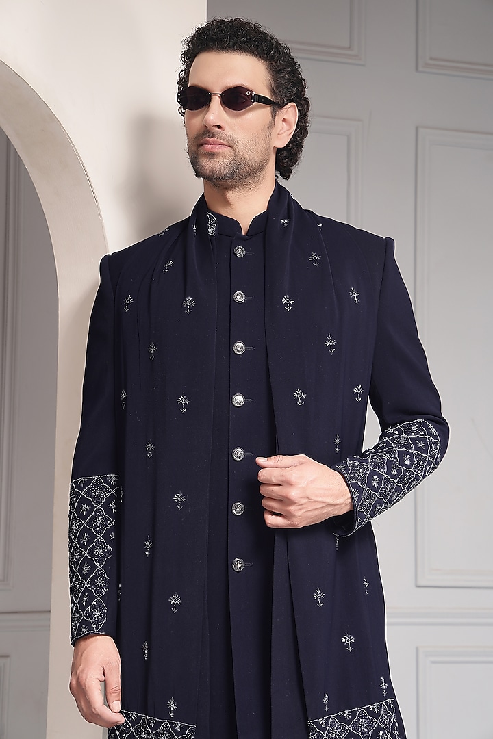 Midnight Blue Suiting Fabric Embroidered Wedding Bandhgala Set by Soniya G Men at Pernia's Pop Up Shop