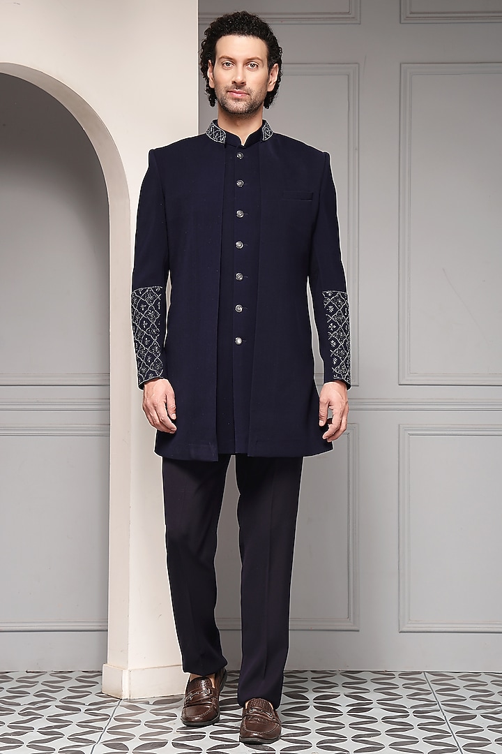 Midnight Blue Suiting Fabric Embroidered Wedding Bandhgala Set by Soniya G Men at Pernia's Pop Up Shop