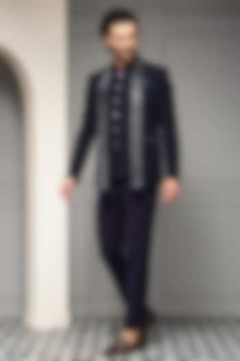 Navy Blue Suiting Fabric Embellished Wedding Bandhgala Set by Soniya G Men at Pernia's Pop Up Shop