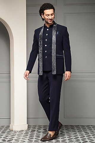 Navy Blue Suiting Fabric Embellished Bandhgala Set by Soniya G Men